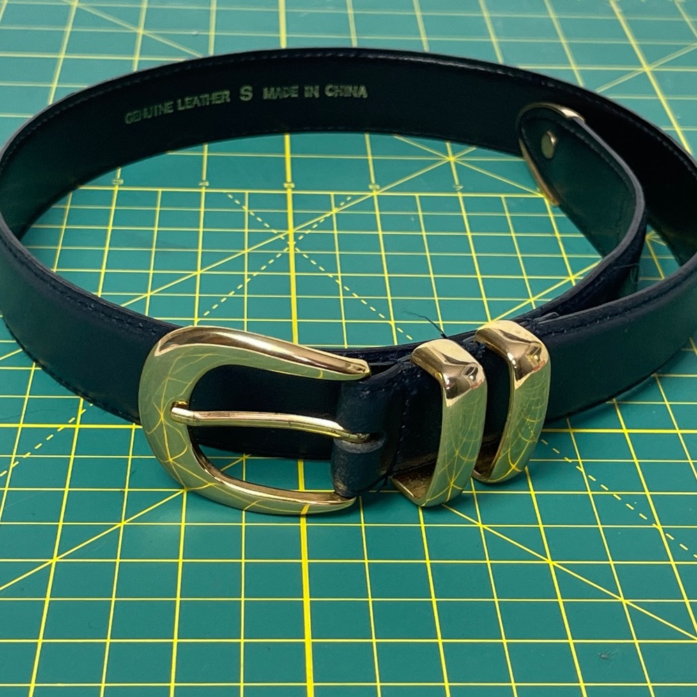 Vintage Leather Blue & Gold Buckle Belt - Picture 3 of 9